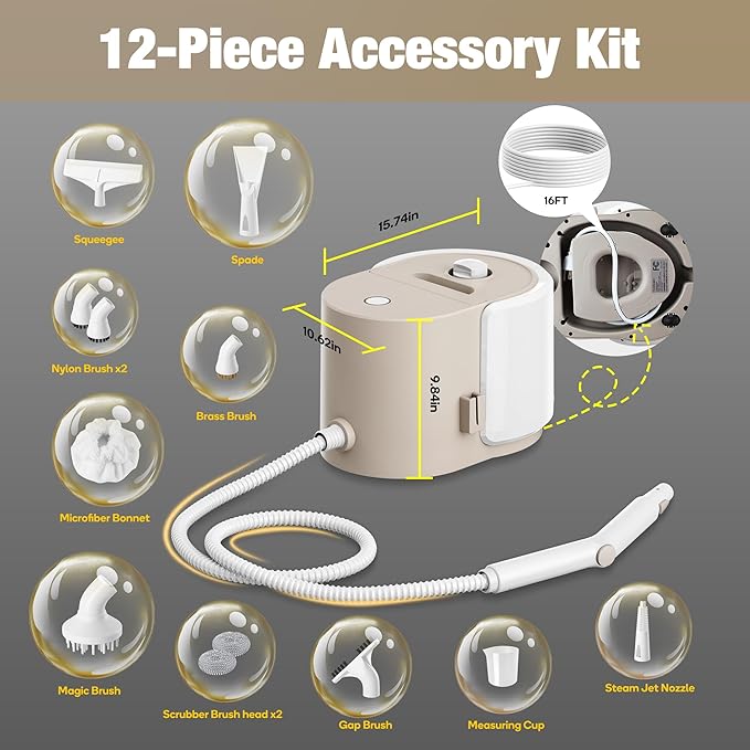 Newbealer Heavy-Duty Steam Cleaner for Home, Stainless Steel Boiler, 12-Piece Accessory Kit, Max 5 Bar Pressure, Multi-Purpose Steamer for Floors, Cars, Furniture, Upholstery, and More