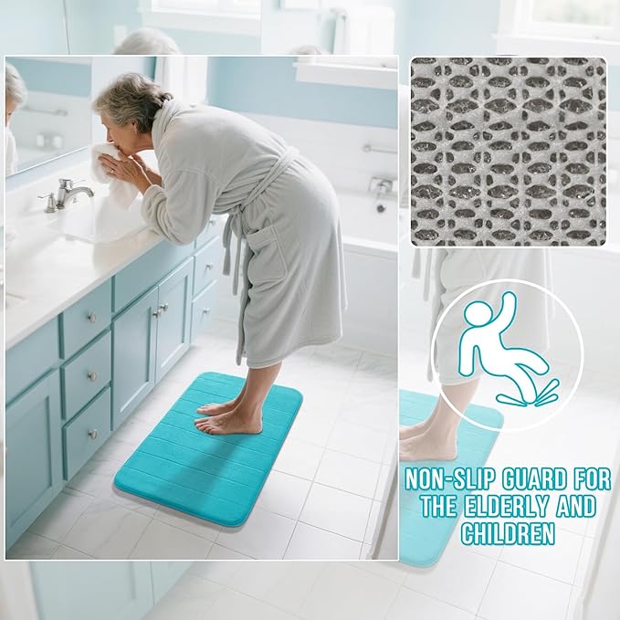 Yimobra Memory Foam Bath Mat, Super Soft Absorbent Bathroom Rug Non Slip 24x17 Inch, Quick Dry, Machine Washable Floor Carpet for Tub Shower, Home Decor Accessories, Lake Blue