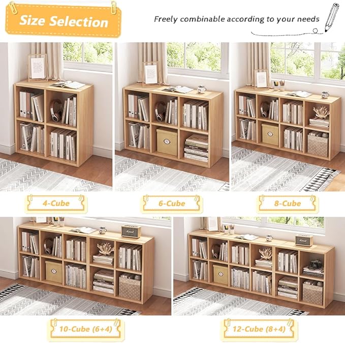 6 Cube Organizer Bookcase - Fabric Storage Bins Container, Open Shelf Simple Compartments Bookshelf, Oak
