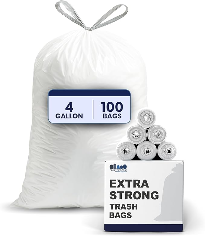 Plasticplace 4 Gallon Trash Bags │ 0.7 Mil │ Drawstring White Garbage Can Liners │ 17" x 16" (100 Count)