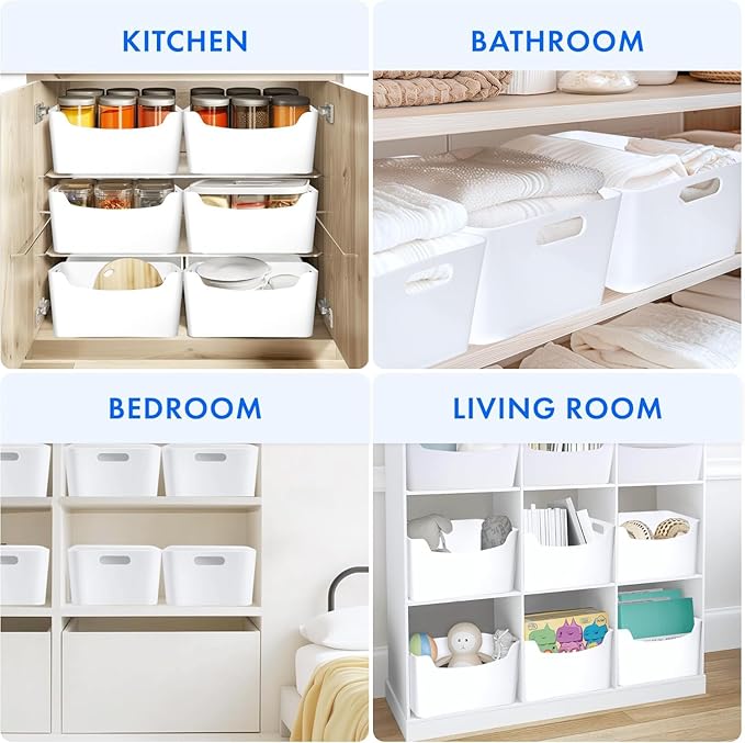 Ytteve 6 Pcs White Plastic Storage Bins for Shelves, Closet Kitchen Storage Containers for Pantry Bathroom Office Organization Baskets, Cabinet Organizing Containers, ( 2 large + 4 Small )