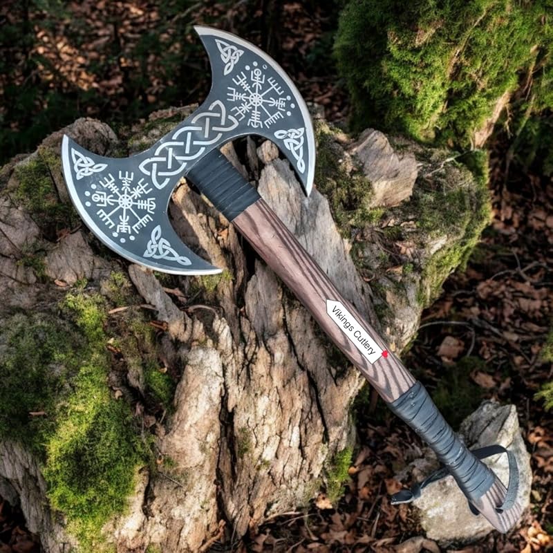 [Viking Cutlery] Double-Headed Viking Axe – Hand-Forged Norse Berserker Battle Axe | Large Dual Blade Steel Axe | Broad Dane Hunting Axe | Unique Gift for Men