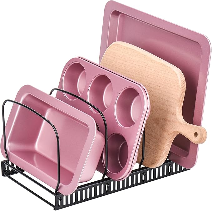 Toplife 10+ Bakeware Organizer Rack for Kitchen Bakeware, Cookware, Dinnerware, Cutting Boards, Plates, Pot and Pan Lids (Black)