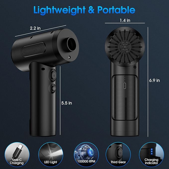 Compressed Air Duster, 100000RPM Handheld Car Vacuum/Air Blower& Pump, 3 Gear Adjustable Electric Air Duster/Car Vacuum Cleaner, Keyboard Duster with LED Light-10 Kits Air Blower for Computer(Black)