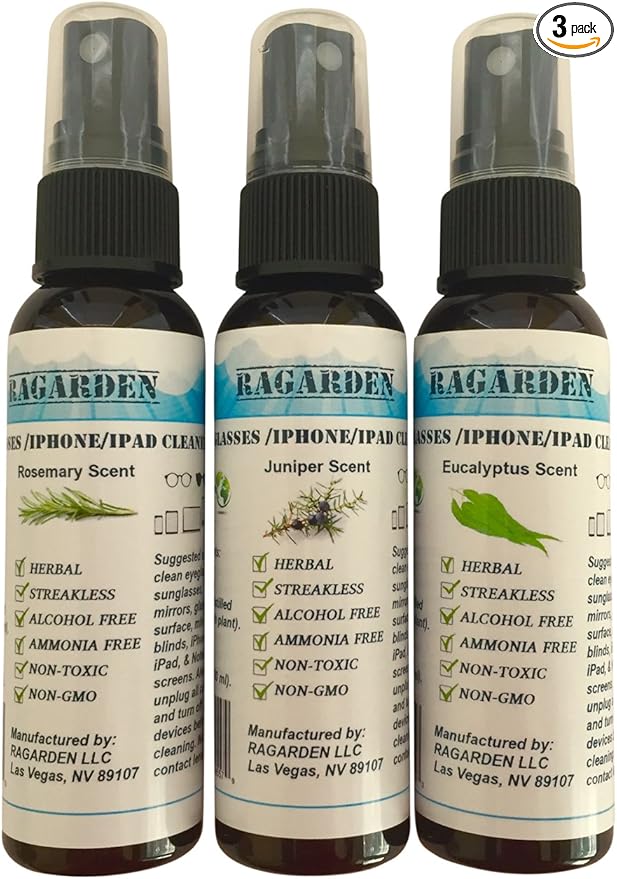 RAGARDEN Eyeglasses/iPhone/iPad Cleaner. Combo: Pack of three of 2 oz bottles with Rosemary/Eucalyptus/Juniper Floral waters.
