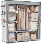VTRIN Portable Closet Wardrobe for Hanging Clothes 57.3 Inch Large Capacity Clothes Rack with Cover, 10 Storage Organizer Shelves, 1 Hanging Rods and 6 Pockets, Free Standing Closet for Bedroom, Grey
