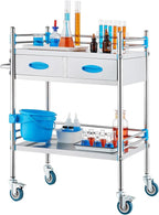 VEVOR Stainless Steel Utility Cart, 2 Layers with Two Lockable Wheels, Ideal for Laboratory, Hospital, Dental Use