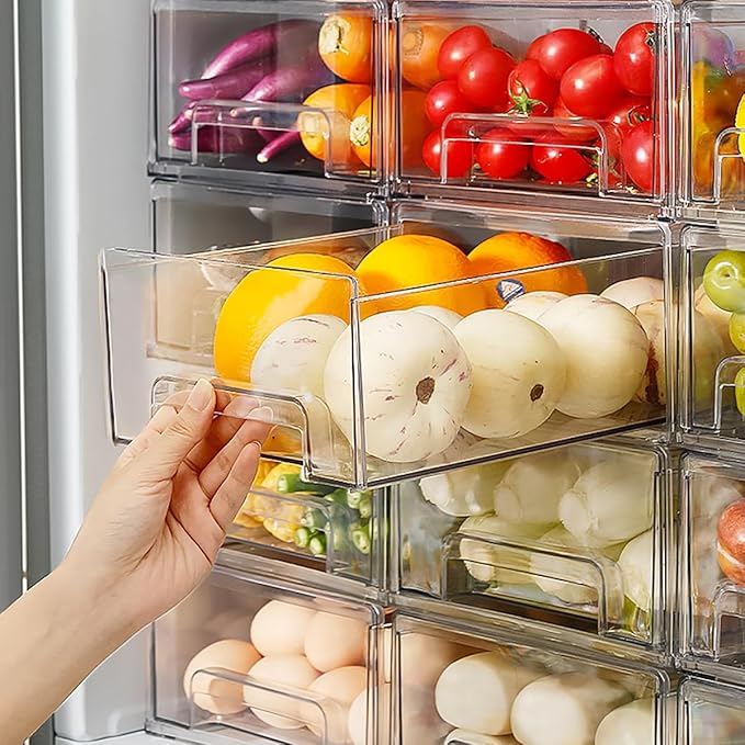 MANO 2Pack Clear Fridge Drawers Pull Out Stackable Refrigerator Drawer Organizer Bins Pantry Storage Box Plastic Food Containers for Kitchen Bathroom Office Closet (Large)