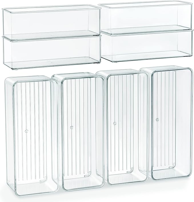 8 PACK Clear Stackable Drawer Organizer Bins, Plastic Organizer Bins for Cutlery Vanity Storage Tray for Bathroom Kitchen Office Desk Organizing
