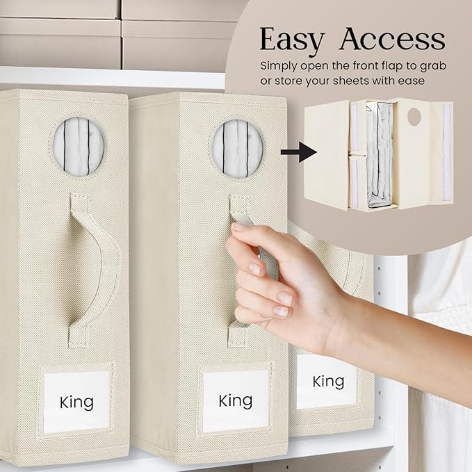 2 Pack Bed Sheet Organizer and Storage, Foldable Storage Bed Sheet Organizer for Linen Closet with Viewing Window & Label for Bedding Sheets & Blankets (Queen & King Size) Cream