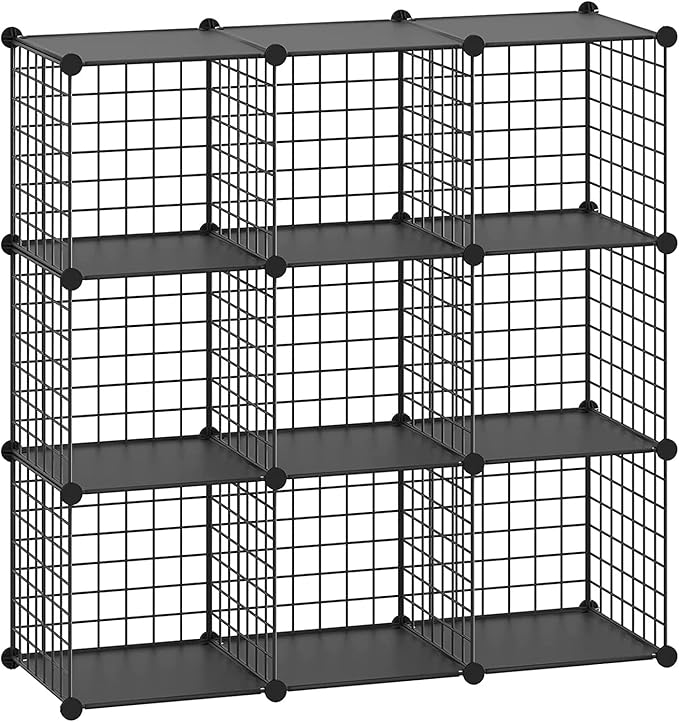 HUBSON Wire Cube Storage Organizer, Book/Toy/Craft/Potted Plants and petCloset Organizers and Storage Shelves, 9-Cube Freely Combinable Metal Grids Storage Shelf,Black Plus Iron