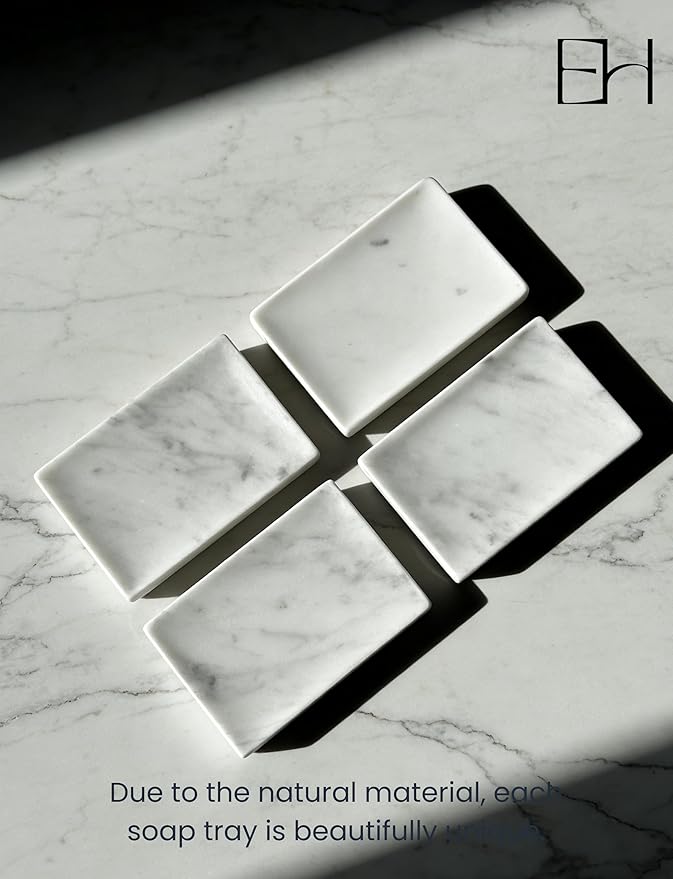 Natural Marble Soap Dish for Shower with Silicone Non-Slip Feet, Stone Drying Tray, Bar Soap Saver, Holder Container for Bathroom Decor Accessories(Carrara White, Rectangular)