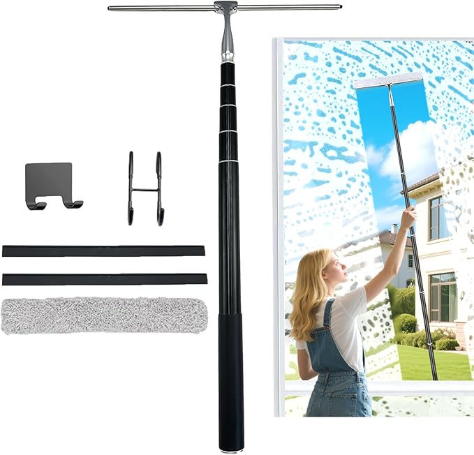 17.3-60’’ Window Squeegee for Home, 2 in 1 Window Cleaning Kit Long Handle Squeegee for Shower Glass, Window Cleaner Tool for Car Windshield Floor Tile Wall