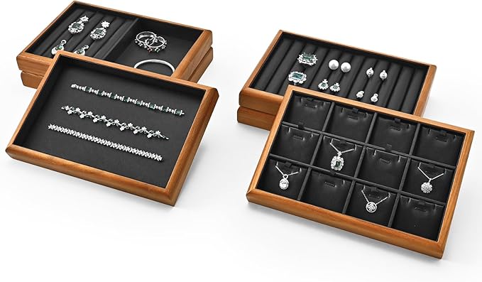 Oirlv Solid Wood Stackable Jewelry Organizer Tray Jewelry Drawer Organizer(Black)