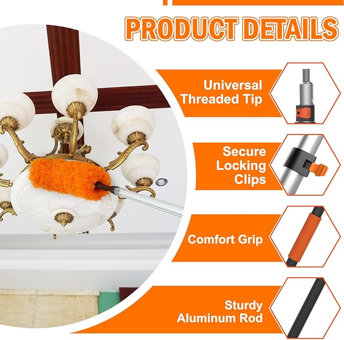 20FT High Reach Duster Cleaning Kit with Extension Pole, High Ceiling Fan Cleaner Duster Tool for Fan Blades, Window Washing Kit with Microfiber Feather Duster & Window Squeegee