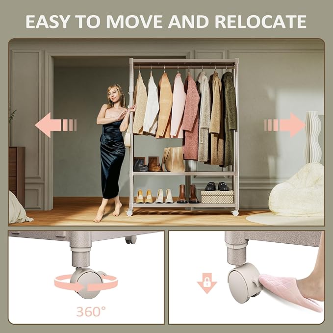 IZEUK Heavy Duty Rolling Garment Rack Wire Clothes Rack for Hanging Clothes (Gold, 3 Tier with 1 Rod, 17.7" D x 45.3" W x 70.3" H)