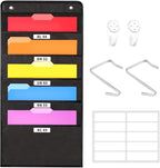 Annecy 5 Pockets Hanging Wall File Organizer, Black Storage Pocket Chart for File Folder and Paper, Space Saver for Office and Classroom, with Wall Hangers, Over The Door Hooks, Labels