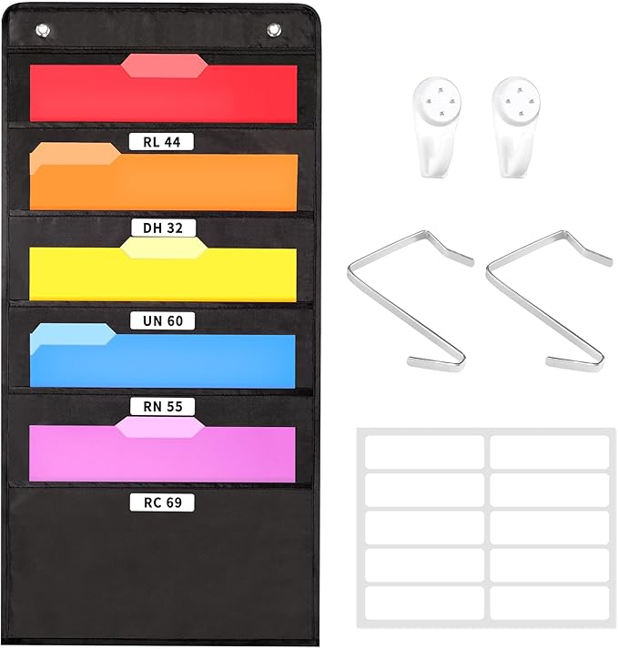 Annecy 5 Pockets Hanging Wall File Organizer, Black Storage Pocket Chart for File Folder and Paper, Space Saver for Office and Classroom, with Wall Hangers, Over The Door Hooks, Labels