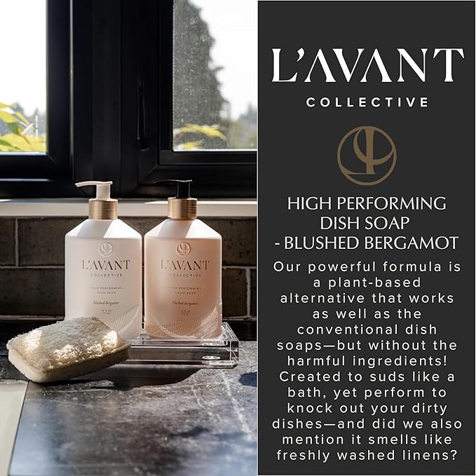 L'AVANT Collective High Performing Dish Soap | Plant-Based Ingredients & High Performing Formula | Notes of Bergamot, Orange Blossom, Amber, Cedar Reusable Glass Bottle Blushed Bergamot Scent |16oz