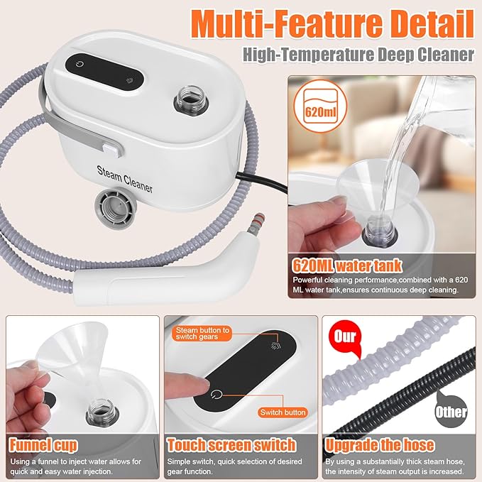 9 in 1 Handheld Steam Cleaner for Home Use, Portable Steamer for Cleaning, Multi-Function High Pressure Steam Cleaner for Car Detailing/Kitchen/Upholstery/Tile/Grout/Camping & All