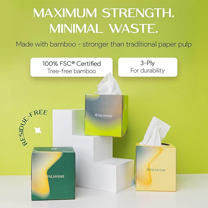 Bulk Case: Bamboo Facial Tissue | 3-Ply Strong | Lint-Free, Fragrance-Free | Gentle for Sensitive Skin | BPA & PFAS-Free, FSC Certified | 24 Cube Boxes | PALM NAKI