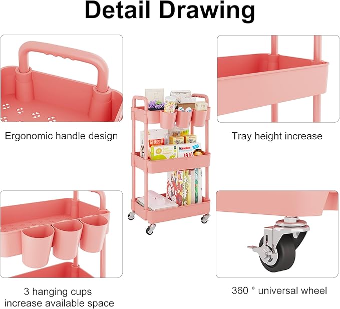 UDEAR 3-Tier Rolling Utility Cart,Multifunctional Storage Shelves with Handle and Lockable Wheels for Room,Office,Kitchen,Bathroom,with 3 Hanging Cups,Pink