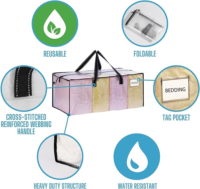 VENO 10 Pack Moving Bags Extra Large Storage Bags for College Move-In, Heavy-Duty Storage Totes, Packing Boxes, and Wardrobe Moving Supplies - Durable Laundry Bags for Clothes (Clear, 10 Pack)