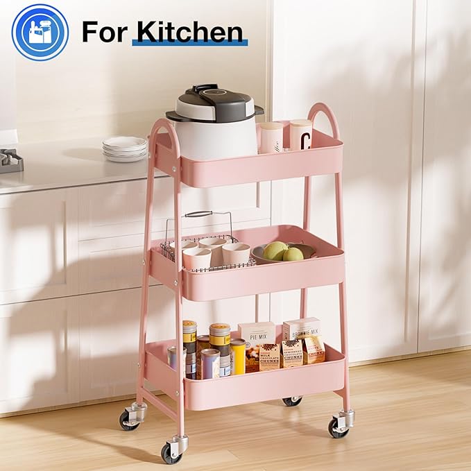 OLIXIS 3 Tier Utility Rolling Cart, Metal Mobile Storage Shelf with Lockable Caster Wheels, Organization for Livingroom, Bathroom, Kitchen, & Narrow Places, Pink