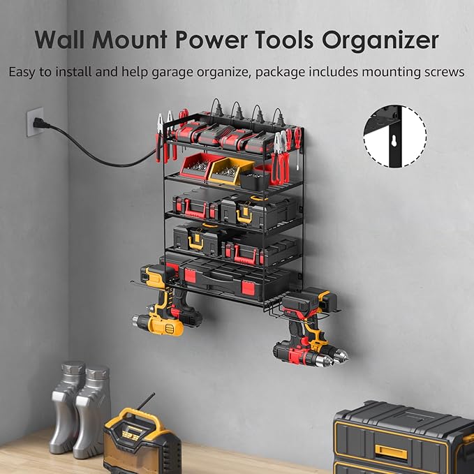 CCCEI Garage Tools Storage with Charging Station. Power Tool Battery Organizer Utility Shelf with Power Strip. 4 Drills Holder Wall Mount Rack, Black 5 Layer.