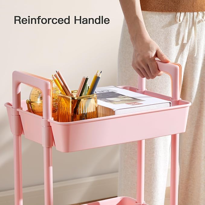 Pipishell 3 Tier Rolling Cart Organizer, Plastic Rolling Cart with Lockable Wheels & Reinforced Handle, Lightweight Utility Cart Storage Cart for Nursery, Kitchen, Bathroom, Craft Room, Pink, PIUC14P