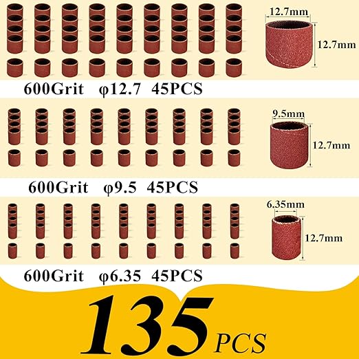 Asieg Tool Sanding Drum Kit 142Pcs 600Grit, 1/2" & 3/8" & 1/4" Diameter Drum Sanding Band with 3.17mm Shank Mandrels for Drill Dremel Rotary Tools Nails Drill