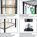 T2 Garden Tool Organizer（With Adjustable Shelf）Heavy Duty Garage Tool Storage for Yard，Shed，Outdoor and Lawn，Freestanding Tool Organizers and Storage UP to 45 Tools，Black with Anti-Tip Device