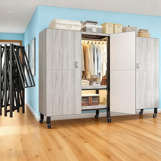 Foldable Portable Armoire Wardrobe Closet for Hanging Clothes Rack, Heavy Duty Covered Clothes Rack with Cover(HARDBOARD Magnetic), Closet Garment Rack for Bedroom Storage (KT Woodgrain Gray, 74.8in)
