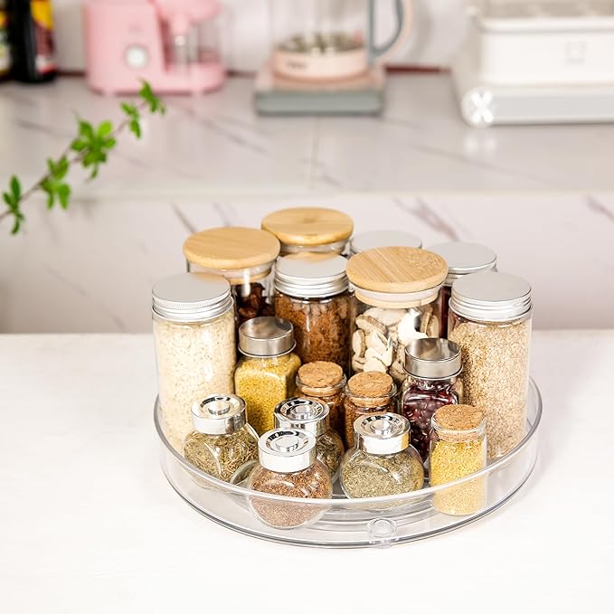 4 Pack Lazy Susan 9.2" Inch Turntable Organizer Pantry Organization and Storage Container Bins Spice Rack Cabinet Rotating Condiment for Pantry Kitchen Vanity Bathroom Jewelry Holder Clear