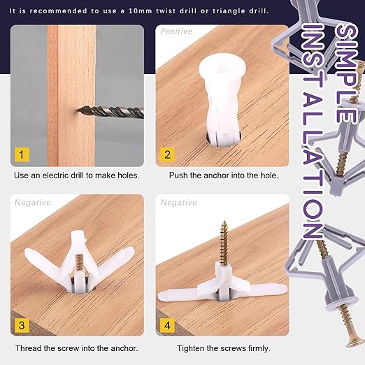 Swpeet 60Pcs White Drywall Anchor with Screw Kit - Nylon Plastic Drywall and Hollow-Wall Anchor Kit, Wall Anchor Hooks, and Hollow-Door Toggle Anchor for for Hanging Heavy Items on Drywall