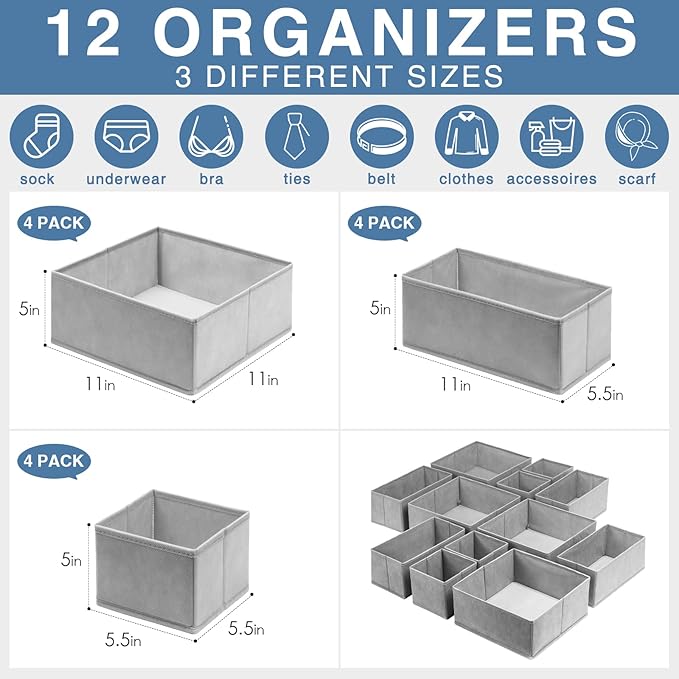 Criusia Drawer Organizer Clothes 12 Pack, Dresser Organizer for Nursery Bedroom Closet Organization and Storage - Baby Clothes Organizer Bins - Drawer Divider for Sock Underwear Bra Ties (Grey)