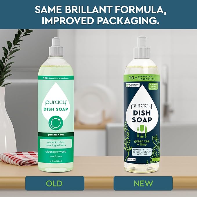 Puracy Natural Dish Soap - Skin-Softening Plant-Based Dishwashing Soap, Non-Toxic Dish Soap, Organic Liquid Dishwashing Detergent Soap (Green Tea & Lime, 16 fl oz)