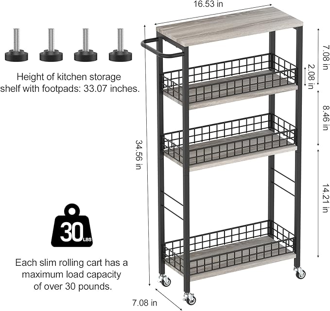 4 Tier Slim Storage Cart Narrow Laundry Cart on Wheels Utility Kitchen Rolling Cart with Wood Tabletop Mobile Shelving Unit Bathroom Storage Organizer Slide Out Rolling Tower for Narrow Spaces