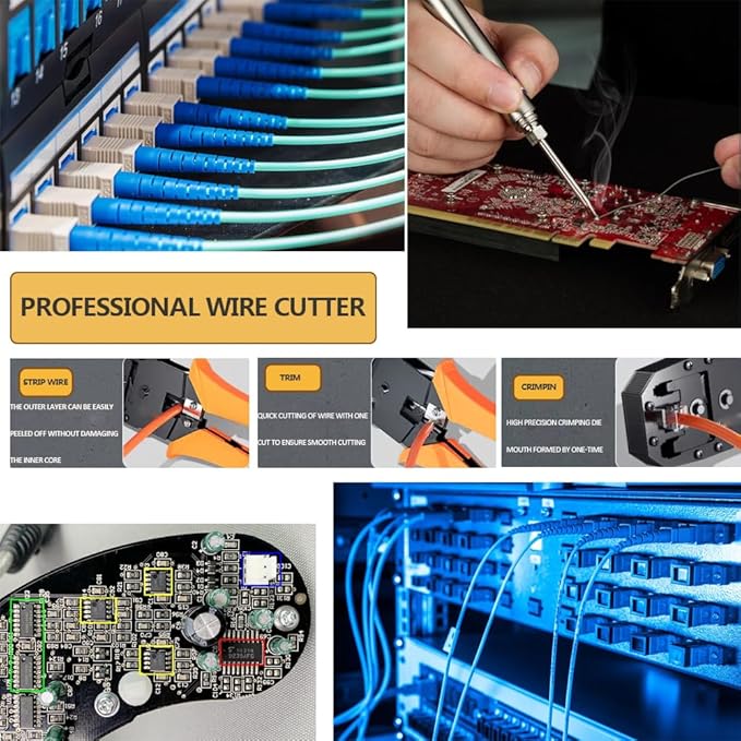 LEATBUY Network Crimp Tool Kit for RJ45/RJ11/RJ12/CAT5/CAT6/Cat5e/8P, Professional Crimper Connector Stripper Cutter, Computer Maintenance Lan Cable Pliers Tester Soldering Iron Set (Black), DUW-24D1