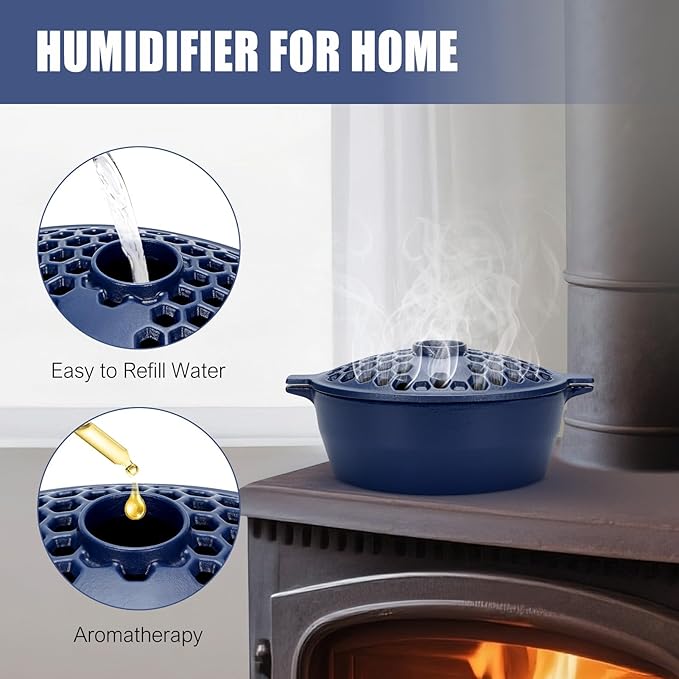 G GOOD GAIN Wood Stove Steamer - Cast Iron Stove Humidifier with Large Opening Top | Oval Bowl Fire Place Pot for Home Heating Decorative | Matte Finish & 2.7 Quart, Green