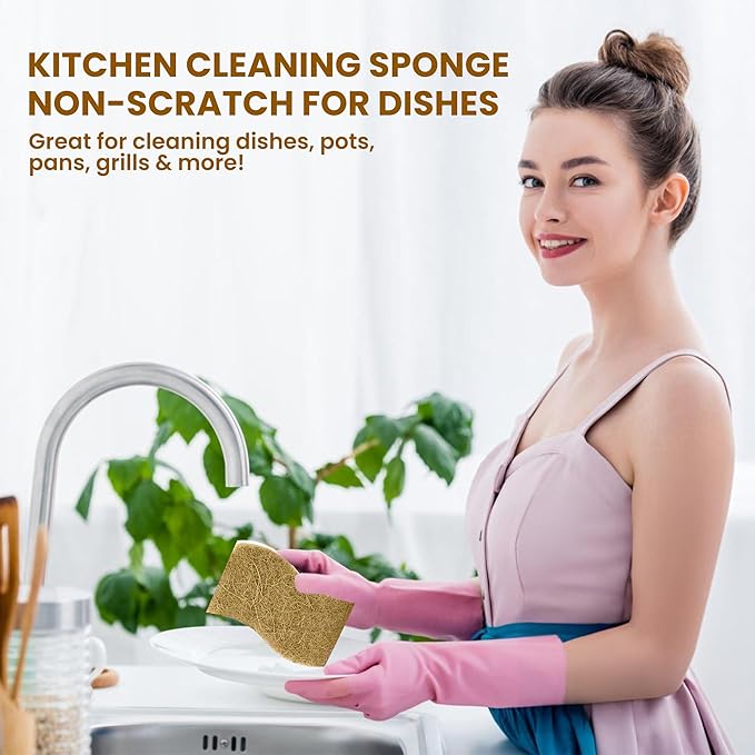 Natural Kitchen Sponge –12-Pack Biodegradable Sponges for Dishes –Compostable Dish Washing Scrubbers – Eco Friendly Non-Scratch Cellulose & Coconut Husk Scrubber Sponges for Cleaning