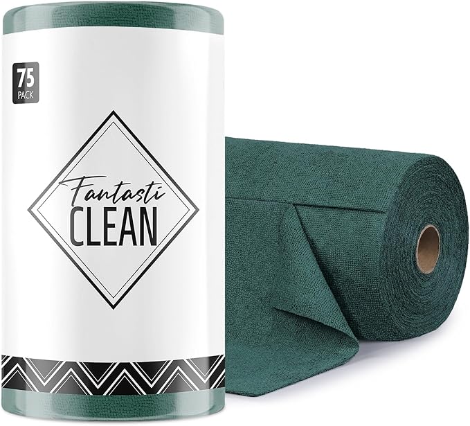 Fantasticlean Microfiber Cleaning Cloth Roll -75 Pack, Tear Away Microfiber Towels, 12" x 12", Reusable, Washable, Scratch Free, Ultra Absorbent for Car, Home Supplies (Forest Green)