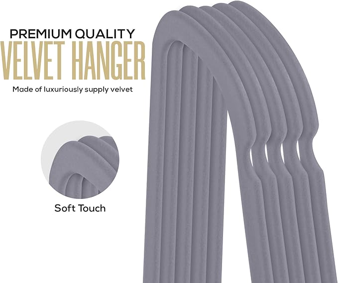 Utopia Home Premium Velvet Hangers 20 Pack - Non-Slip Clothes Hanger with Tie Bar - Grey Hangers with 360 Degree Rotatable Hook - Heavy Duty Coat Hanger
