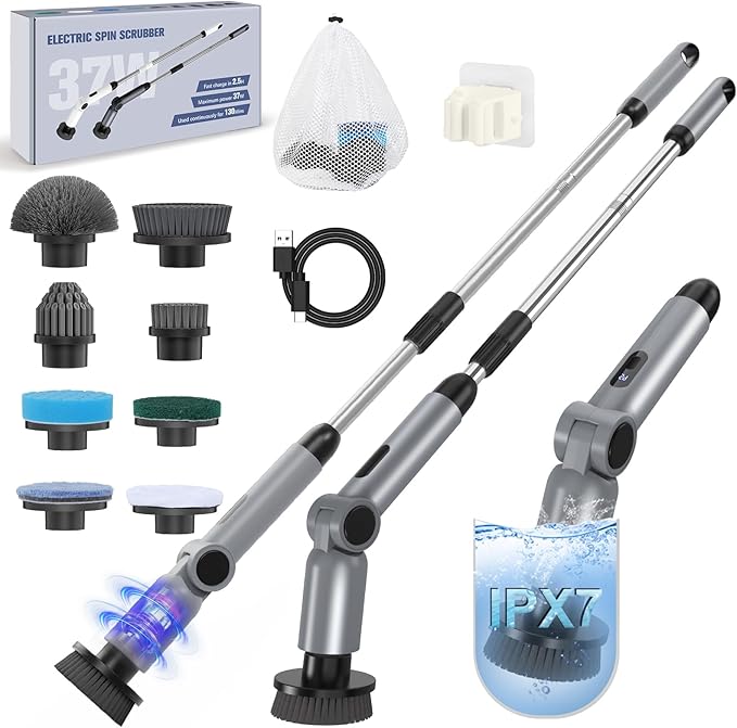 Electric Spin Scrubber, [IPX7 Waterproof ] [50KG Torque] Shower Scrubber with 9 Brush Heads, 2 Speed Mode, 4 Adjustable Angles, Electric Brush for Cleaning for Bathroom Floor Tile (Gray)