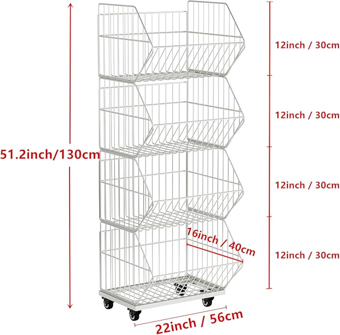 Standing Metal Shelving Unit, Wire Storage Basket with Wheels, Folding Shoe Racks, Clothing Sweaters Shoes Handbags Organizer for Kitchen Garage Pantry Porch (4-Tier with Base)