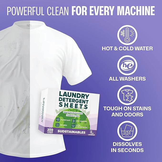 Sudstainables Laundry Detergent Sheets (200 Loads) – Eco-Friendly, Plastic-Free, Zero Waste, Laundry Washing Machines Soap Sheets; Dissolvable, Space-Saving Strips for Travel (Lavender)