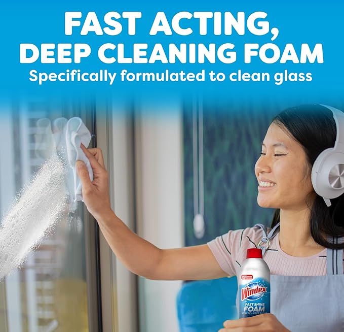 Windex Fast Shine Foam Glass Cleaner, No-Drip Windows, Doors, Mirrors & Countertops Aerosol Cleaning Spray, Streak-Free Shine, Removes Fingerprints, Dust, Dirt, Grime & More 19 oz (Pack of 2)