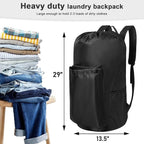 Polecasa Heavy Duty Backpack Laundry Bag, 29 x 13.5 Inches Hamper bag with Padded Shoulder Straps,130gsm Durable Fabric and 4 Pockets, Large Drawstring Bag for Dorm, College, Travel, Black