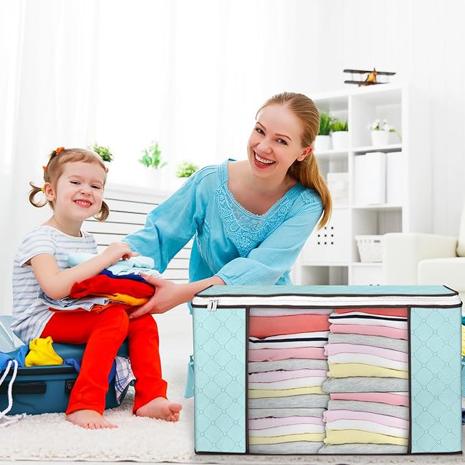 Budding Joy 90 L Large Storage Bags, 2 Pack Clothes Bins Foldable Closet Organizer Containers for Blanket, Comforters, Bed Sheets, Pillows and Toys (Blue)