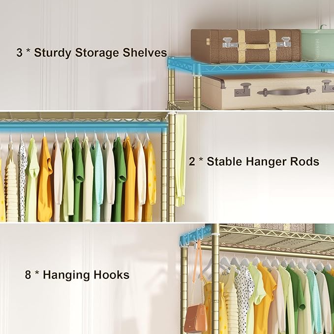 P3 Rolling Clothes Rack, Clothing Racks for Hanging Clothes, Heavy Duty Garment Rack with Wheels, Freestanding Portable Closet Organizer 39.4'' W x 14'' D x 78.5'' H, Max Load 464 LBS, Gold